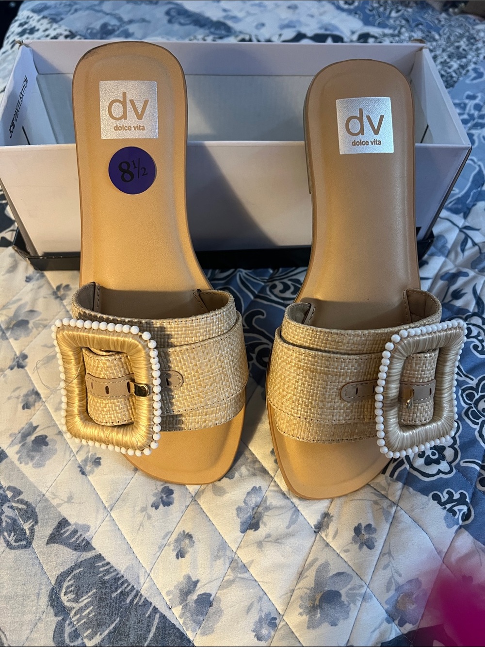 DV by Dolce Vita Tan Woven Beaded Buckle Slide Mules